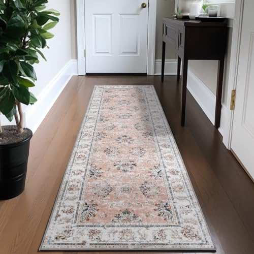 TOPICK Runner Rug 60x150cm Hallway Entrance Pink Floral Washable Rug Thin Non Slip Carpet for Kitchen Bathroom Bedroom