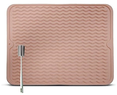 Silikon Abtropfmatte für Geschirr - 40 x 30 cm Abtropfmatte für Geschir, BPA-frei, Geschirr Trockenmatte, Hitzebeständig, Rutschfest, Spülmatte Abtropfunterlage mit Bürste (Rosa, 40 x 30 cm)