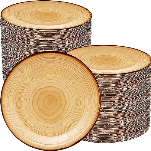80Pcs Wood Grain Paper Plates Rustic Wood Grain Party Supplies,7Wood Grain Dessert Plates Wood Slice Plates,for Baby Shower Camp Fire Camping Woodland Animal Lumberjack Birthday Party Decoration