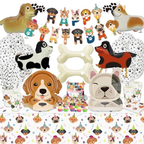 Hegbolke Dog Birthday Party Supplies - Puppy Party Decorations Including Plates, Cups, Napkins, Tablecloth, Balloons, Banners, Cake Toppers for Puppy Themed Party Decorations