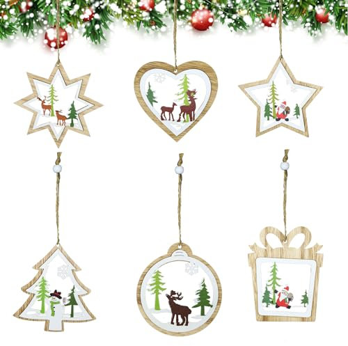 Christmas Decorations, Christmas Tree Hanging Ornaments, 6pcs Wood Reindeer Xmas Hanging Ornament Wooden Carving Ornaments Pendants Funny Xmas Decor for Home Holiday Party A3SD6P