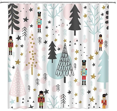 GCTNBJL Christmas Tree Shower Curtain Pink Blue Tree Nutcracker Snowflake Star Pine Forest Winter Xmas Holiday Festival Bathroom Home Curtain with Hooks,70 Wx70 H