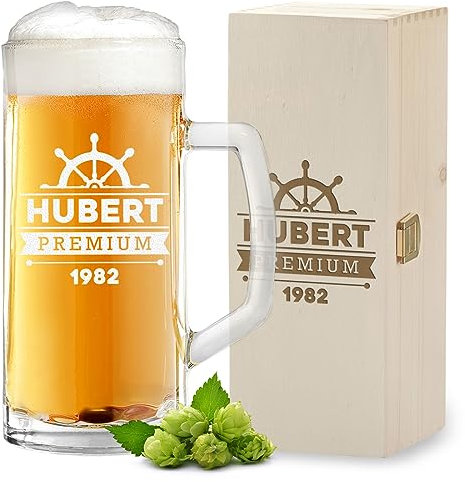 Chope à bière en verre 0,5 l et caisse en bois avec gravure – Cadeaux pour hommes – pour anniversaire et anniversaire – Verre à bière avec nom pour papa et grand-père – Chope à bière avec trait de