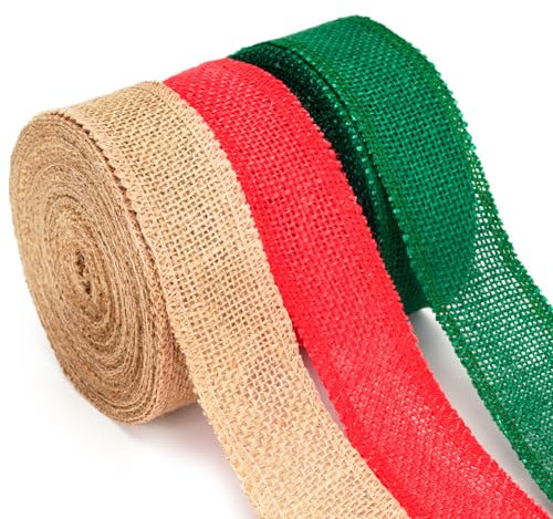 KINGLAKE Juteband Rolle 4cm Breit, 30M Juteband Jahrgang, Geschenkband, Dekoband Jute Für DIY Verpackung, Geschenk, Hochzeit, Weihnachten, Esstisch, Blumenstrauß Dekoration(Rot,Grün und Braun)