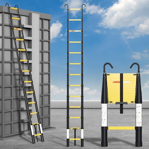 Eulenke 3,8M Aluminium Teleskopleiter - Rutschfester Klappleiter mit EIN-Knopf-Rückzug und Abnehmbarem Haken - Aluleiter mit Softclose - Stehleiter 150KG Belastbarkeit - Haushaltsleiter Schwarz Gelb