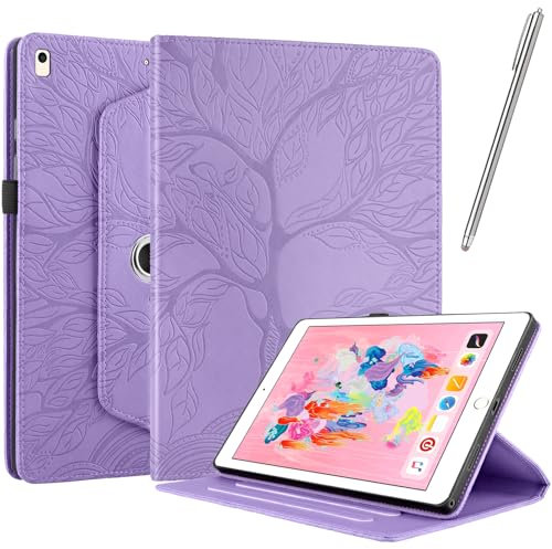 Netany Rotating Custodia per Ipad (9.7-Pollice, 2018/2017 Model, 6th/5th Generation), con penna PU Pelle Flip Cover, con portapenne Supporto Rotazione 360 Protettiva Cover [Auto Sveglia/Sonno] - Viola