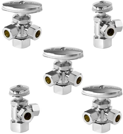HeSun 5-teiliges Pex-Winkelabsperrventil, 1,27 cm Nominal (5/8 Zoll OD) Comp x 3/8 Zoll OD Comp x 3/8 Zoll OD Comp, 3-Wege-Multi-Turn-Kompressionswinkelanschlag, PEX verchromtes Messing
