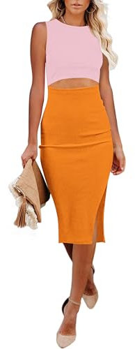 AUSELILY Robe d'été Femme Robe Moulante Midi Robe Tankini Découpée Longueur Genou avec Fente Orange & Rose Clair XL