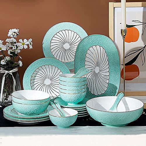 Juego de vajilla de porcelana de hueso de lujo, platos y juegos de porcelana fina, porcelana en relieve + estampado floral de Phnom Penh, caja de regalo de alta gama, servicio para 8, azul, 28 piezas