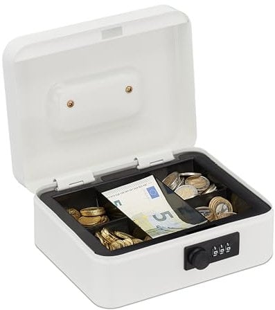 Relaxdays Cash Box, 3-Digit Combination Lock, Coin Insert, Money Tray Iron, Storage Safe, HWD: 8.5 x 20 x 17 cm, White