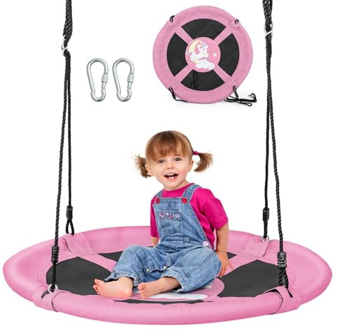 COSTWAY Columpio Infantil Nidoφ102cm, Columpio Jardin Exterior con Cuerdas Ajustables y Mosquetones, Columpio Redondo para Niños 3+ Años(Rosa)