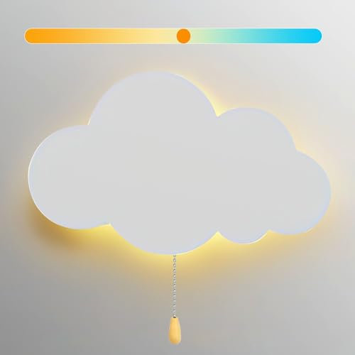 KZT Wandleuchte mit Schalter Innen Wandlampe mit Zugschalter LED Kinderzimmer Nachttischlampe Junge Mädchen Wolke Nachtlicht 3 Farbtemperatur Dimmbar Wandbeleuchtung für Babyzimmer Schlafzimmer Hotel