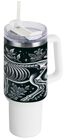 Vaso aislado de acero inoxidable con diseño de esqueleto de toro y hierbas mágicas, botella de agua al vacío con popote para té helado o café
