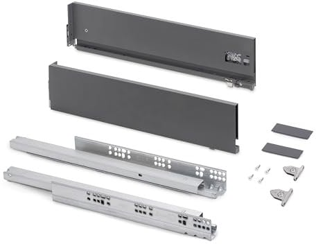 Emuca - Schubladen-Kit für Küche und Bad mit 3D-Regelung, Höhe 131mm, Tiefe 500mm, 40 Kg, sanftes Schließen, Panels nicht enthalten, Stahl, Anthrazitgrau