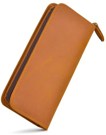 Leather Fountain Pen Case, Crazy Horse Leather Brown Color, 3 Divided Slots, Zippered Pen Case Pouch, Handmade Display Holder for Rollerball Pen