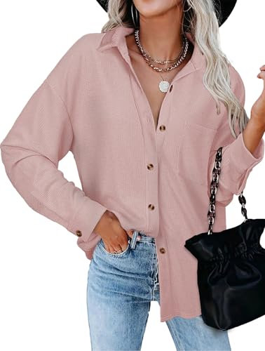 Tanmolo Chemisier à manches longues pour femme - Élégant - En coton - Manches longues - Blouse gaufrée - Décontractée - Haut avec boutons, Vieux rose - 241a, XXL