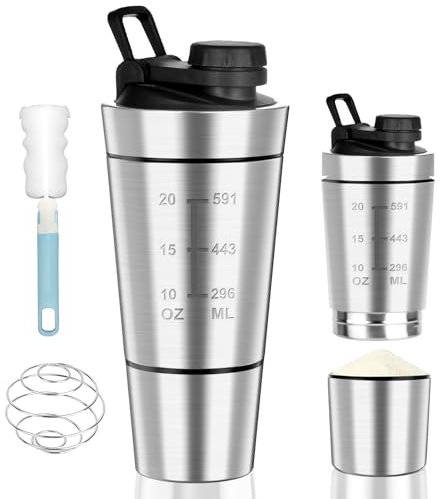 POFIBO Protein Shaker Edelstahl - 800ML Eiweiß Becher Mit Pulverfach, BPA-Frei, Doppelwandig, Skala für Diät und Fitness Shakes
