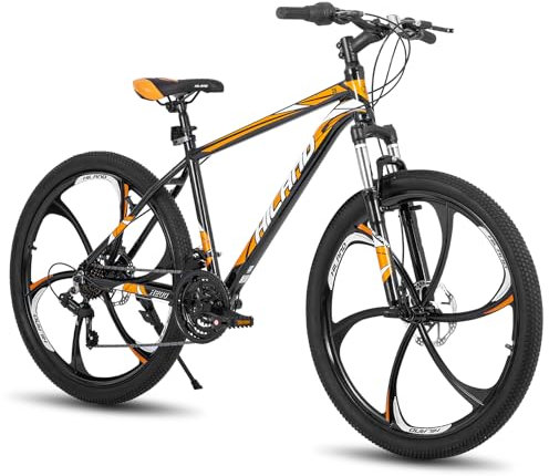 Hiland Mountainbike, 6 Speichen, 21 Gänge Schaltung, Aluminium Rahmen 26 Zoll Räder, Scheibenbremse Fahrrad für Männer Frauen Herren MTB-Fahrrad, Orange