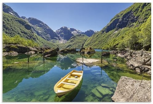 ARTland Wanddeko Wandbild Alu Verbundplatte für Innen & Outdoor Bild 120x80 cm Maritime Deko Outdoor Berge See Idyll Boot Bondhusvatnet Norwegen U5HG