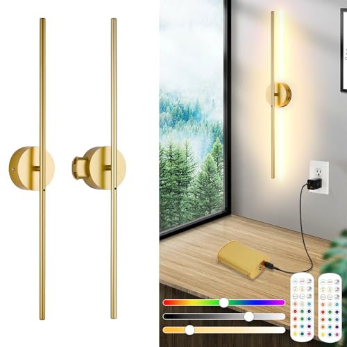 Rechargeable Wall Lights Indoor Set of 2, Detachable Battery Operated Wall Light With Remote & Touch Switch, LED Dimmable Wireless Wall Sconces, 15 Colors, 8000mah,Timer, 360° Rotation, Gold, 80CM