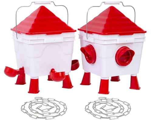 Todeco Futterautomat Hühner und Hühnertränke Set, 6Kg Hühner Futterautomat und 8L Automatische Wasserversorgung für Geflügel mit 4 Öffnungen & 4 Näpfen, verstellbaren Beinen und Stahlketten