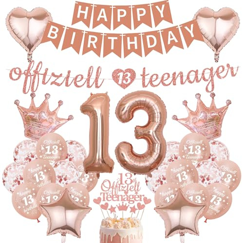 Deko 13 Geburtstag Mädchen Teenager - 31 Stück Deko für 13 Jahre | Rosegold Party Deko mit Banner Flagge Zahl 13 Ballons für Teenager