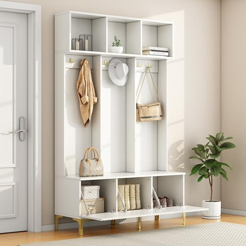 ModernLuxe Eingangsschrank Wandgarderobe Garderoben-Set mit Bank,B120 x T23,5 x H191,5 cm – Flurgarderobe mit 6 Goldhaken, Schuhregal & Stauraum -Türen für Flur & Eingangsbereich Weiß