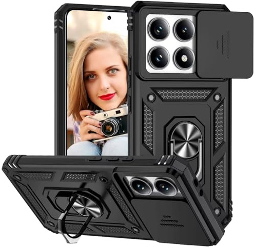 POUHYE Cover per Xiaomi 14T 5G Custodia, Copriobiettivo Scorrevole Antiurto Grado Militare Case con 360° Magnetica Anello Supporto, Hard PC Back e TPU Bumper Cover Nero