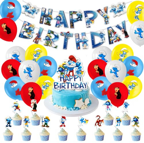Blue banners 32 Stück Geburtstagsdeko Set, Schlümpfe Kindergeburtstag Deko, Cartoon Luftballons Geburtstag Dekoration Set für Kinder Jungen Mädchen Schlümpfe Themenpartys Dekorationen