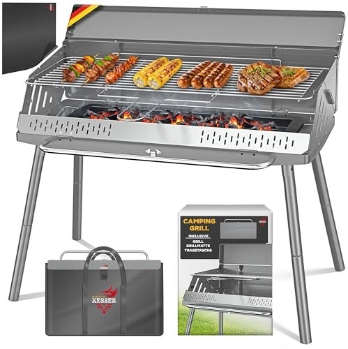 KESSER® Klappgrill tragbarer Camping Grill mit Gestell | Holzkohlegrill aus pulverbeschichtetem Stahl inklusive Grillrost, Grillmatte & Tragetasche | Faltbar BBQ ideal für Camping, Picknick & Angeln