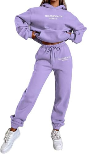 ticticlily Jogginganzug Damen Set 2 teiler Trainingsanzug Hoodie und Jogginghose Gummibund mit Tunnelzug Sportanzug Hausanzug Kapuzenpullover mit Briefdruck Streatwear A Violett S