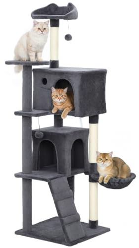 PawHut 160cm Cat Tree for Indoor Use, Multi-Level Cat Tower, Dark Grey | Scratching Posts, Plush Perches & Condos, Large Kitty Activity Centre, Hammock, Ladder, Dangling Balls for Kittens