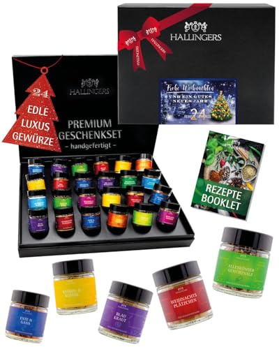 Hallingers Genuss Manufaktur Gewürz Weihnachts-Geschenk-Set - 24 Gewürze aus aller Welt in wertiger Geschenkbox mit Rezept-Booklet Frohe Weihnacht..., Weihnachten für Frauen Männer