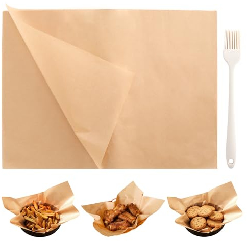 100 Stück Backpapier Zuschnitte 25×35 cm, Ungebleichtes Pergamentpapier Backblätter zum Backen, Hitzebeständig Backpapierblätter PFAS frei Backpapier, Deli Wrap Papier mit Öl Pinsel für Ofen Grill BBQ