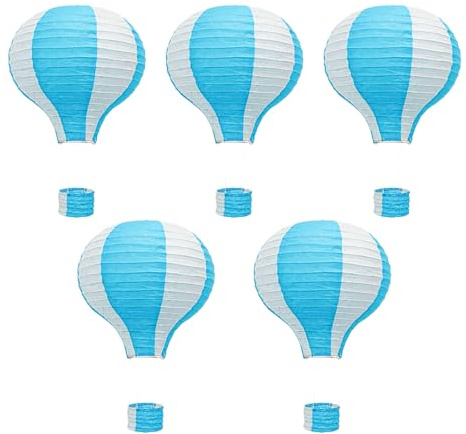 ZYOOO 5 Stück Blau Papierlampions Heißluftballon 25 cm – Zart gestreifte Laternen zum Deko – Für Baby Shower, Party, Kinderzimmer & Garten