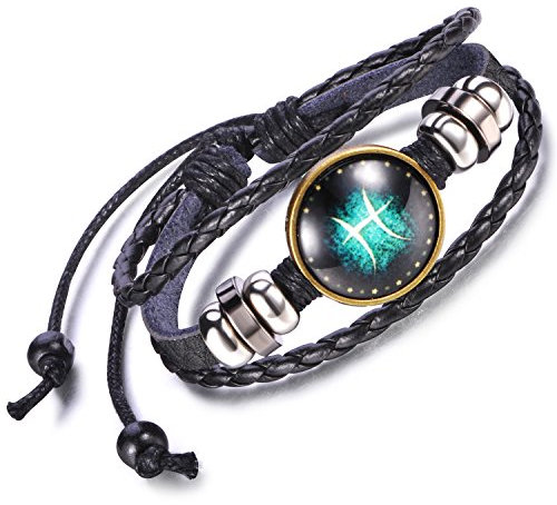Feilok Elegant 12 Sternbild Fische Unisex Verstellbar Armbänder Armband Legierung Leder Beads Seil Armkette Armreif, Farbe: Schwarz und Blau