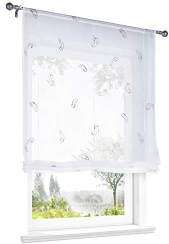 Raffrollo mit Feder Muster Stickerei Raffgardine Transparent Voile Vorhang (BxH 140x140cm, Hellgrau)