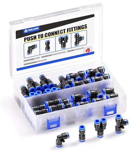 TAILONZ PNEUMATIC 4mm OD Push to Connect Verschraubungen Pneumatik Verschraubungen Kit 10 Splitter+10 Winkel+10 T-Stücke+10 Straight (40 Stück)