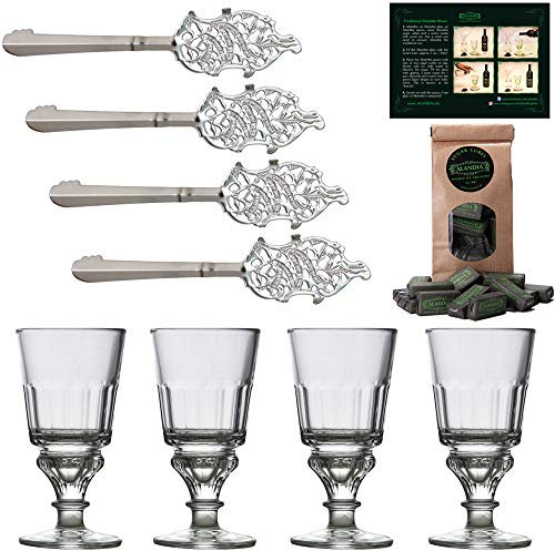 Accessoires pour l'Absinthe | 4 Verres à Absinthe avec réservoir | 4 Cuillères à Absinthe en acier inoxydable | 1 Sucre à Absinthe