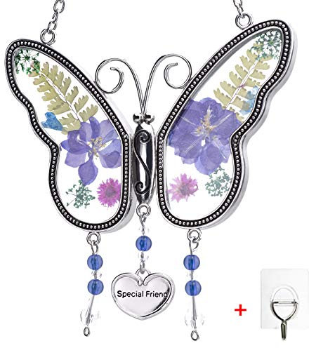 Laraine Acchiappasole a farfalla con ali di fiori pressati, per festa della mamma, festa della mamma, farfalla, in vetro, ornamento con cuore in metallo, regalo per mamma, nonna, zia, compleanno