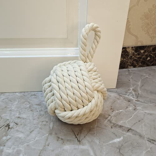 Dewarfami White Fabric Nautical Rope Knot Door Stopper, 5.5x5.5x5.5 inches, 1 Piece