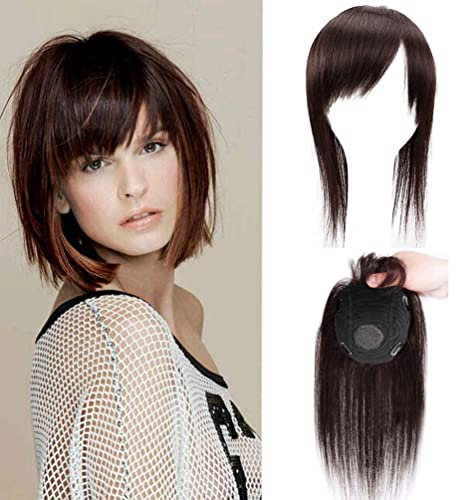 Eree Hair Straight Echthaar Topper mit seitlichen Fransen 10x11cm Silk Top Clip in Haarverlängerungen Wiglet Haarteil Ersatzhaarteil für Frauen mit dünner werdendem Haar Dunkelbraun