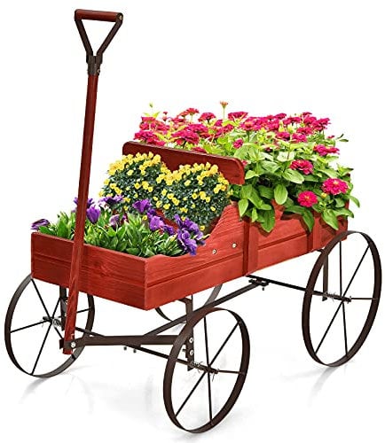 RELAX4LIFE Carriola Porta Fiori/Carrello dei Fiori/Fioriera in Legno di Abete con Ruote e Maniglia Regolabile e Portata di 15 kg, per Esterno e Interno (62x34x60 cm, Rosso)