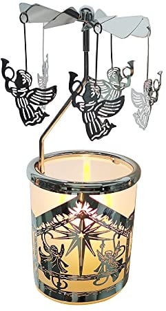 Kingnero Engel Windlicht Karussell, Glas teelichthalter karussell, Drehbar Kerzenhalter windmühle Kerze für Weihnachten Geschenken (silbernes)