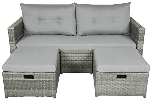 MSZ Design Loungesofa Gartensofa Malta inkl. Kissen und Fußhocker Polyrattan Grau