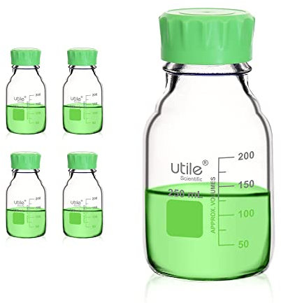 Utile Media Bottle, 3.3 Borosilicate Glass Storage Bottles with GL45 Screw Caps, 4pcs of 250ml(8.45oz) Lab Media Bottles, PP Material, Assembled Non-drip Pouring Ring, 4038.0250.4
