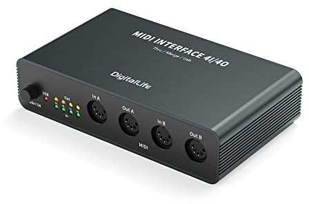 DigitalLife 3-en-1 Interfaz MIDI (4X4) Switcher Box para Productores MIDI Profesionales - MIDI Merge, MIDI Thru, USB-MIDI, Metal