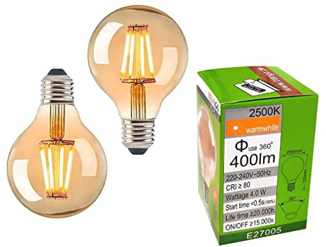 Trango 2er Pack E27005 LED E27 3-Stufen dimmbar warmweiß Gold farbig 2500 Kelvin 4 Watt 400 Lumen, G80 Ø8cm Filament Edison Glühbirne, Amber Vintage Glühbirne, Retro-Beleuchtung Globe Leuchtmittel