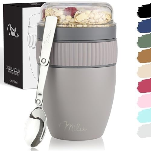 Milu Tazza per il muesli 400ml I tazza con cucchiaio I Acciaio inossidabile Impermeabile e isolato I Cup to go yogurt porridge (Grigio Taupe)