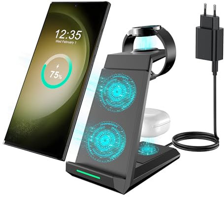Induktive Ladestation für Samsung,ADADPU Kabelloses Ladegerät 3 in 1 Kompatibel für Galaxy Watch 7/6/5/5 Pro/4/3/Active 2,Wireless Charger für Samsung S25 S24 S23 S22 Ultra S21 Note 20 Galaxy Buds